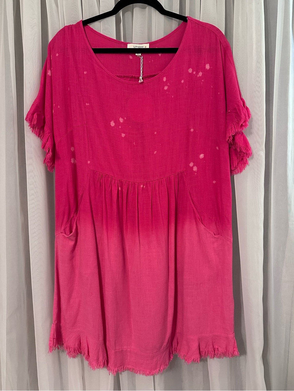 Umgee Pink Short Sleeve Linen Blend Boho Bleach Dip Dress With Pockets